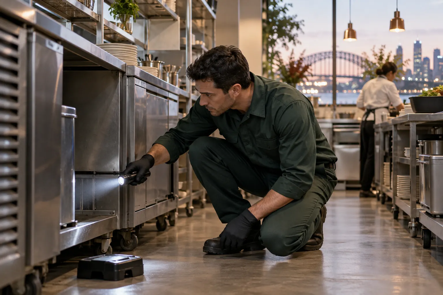 Commercial pest control inspection in a Sydney restaurant back-of-house area