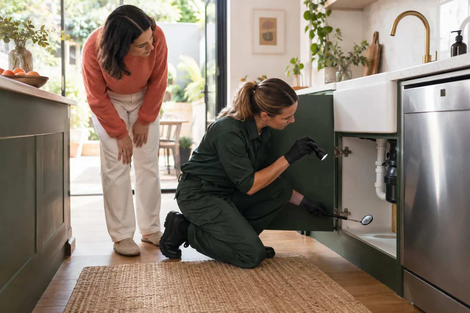Licensed pest technician inspecting a Sydney terrace kitchen
