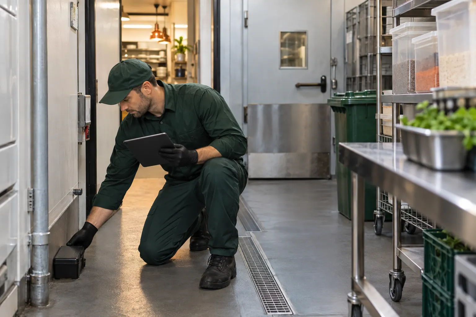 Pest technician mapping monitoring and entry points at a Sydney commercial property