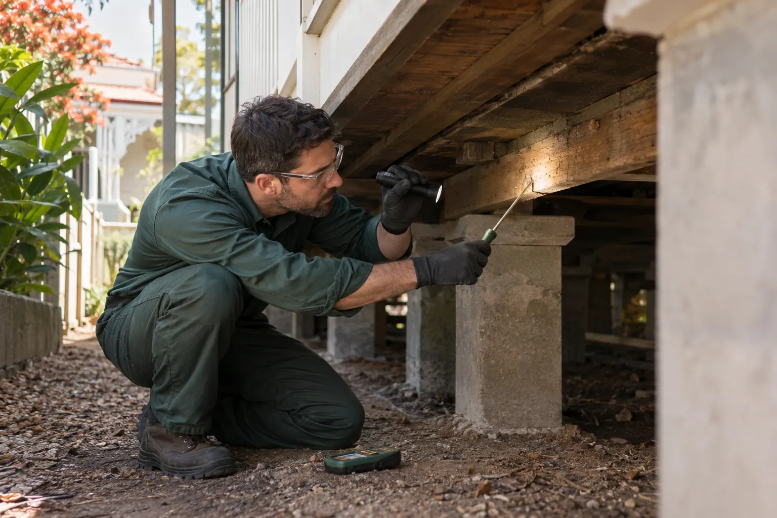 Timber pest technician inspecting a Sydney home subfloor for termite evidence